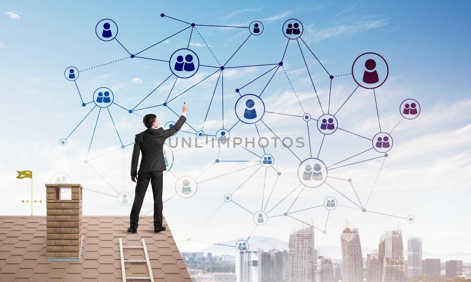 Businessman on house roof presenting networking and connection concept. Mixed media by adam121
