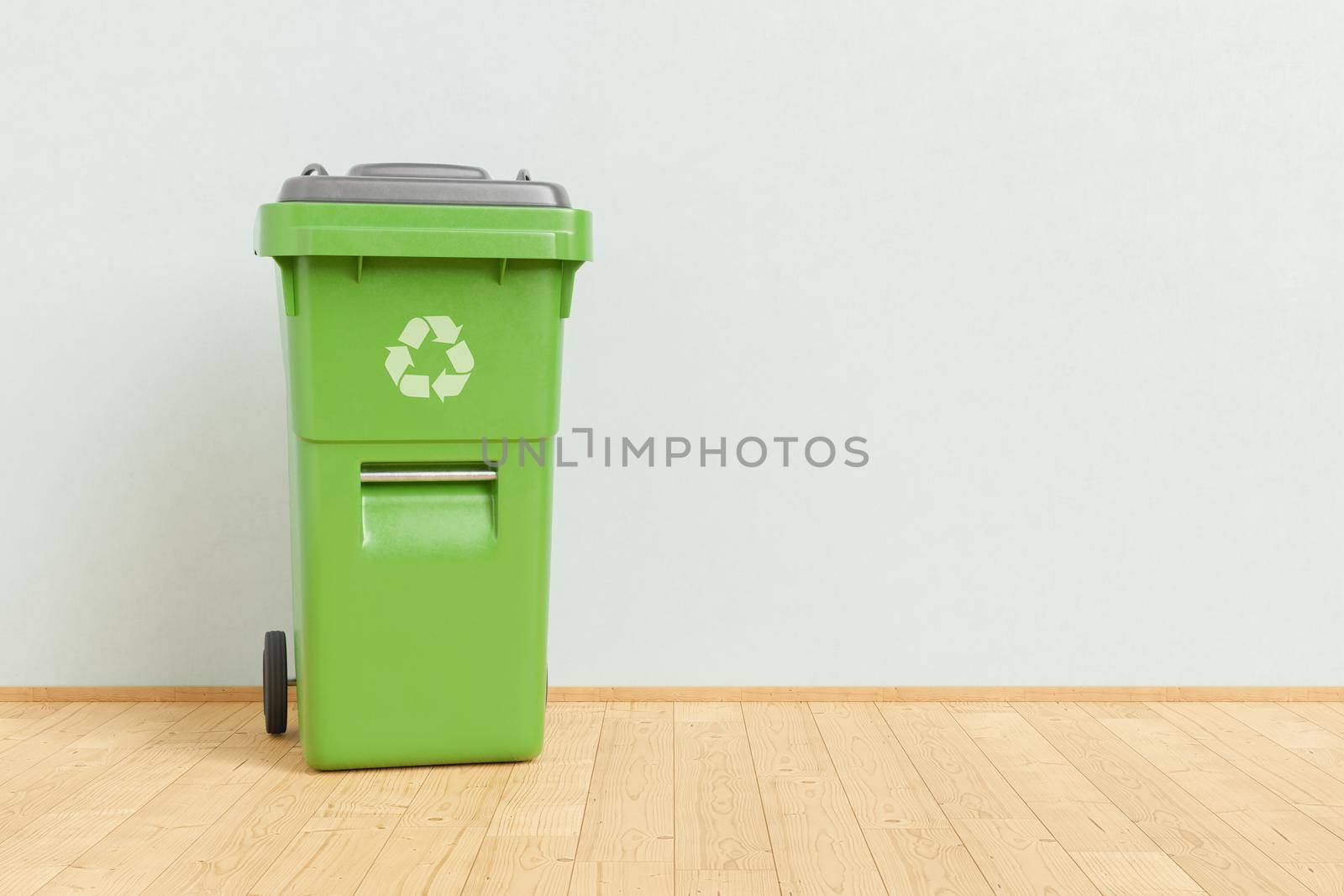 3D illustration of green recycling bin for trash placed on wooden floor against gray wall at home