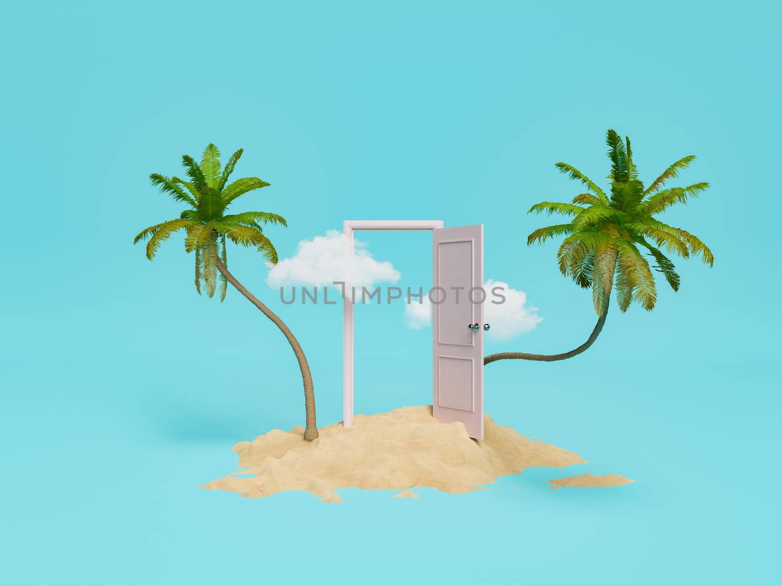 Tall green palms on sand with opened white door against blue sky with cloud during summer trip in tropical resort. 3d rendering