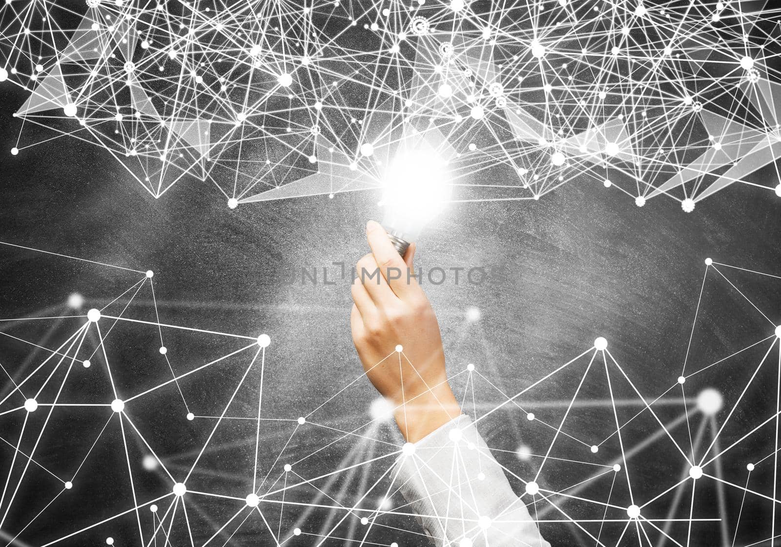 Woman hand with glowing lamp and abstract digital network connection on background of dark wall. Science research and innovation company. Global network technology and successful business solution.