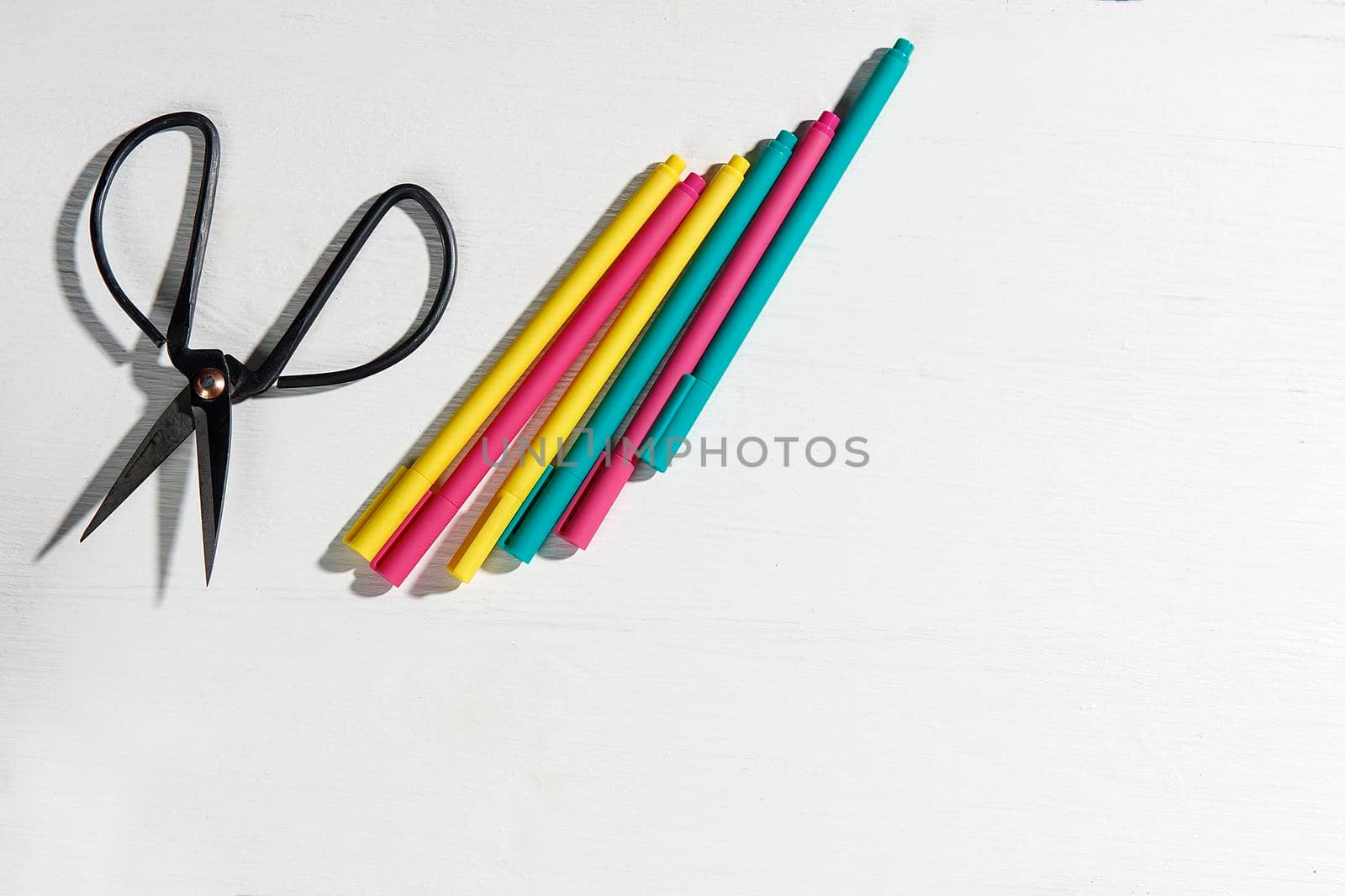 Colorful pens and scissors for ikebana on the table. Copy space