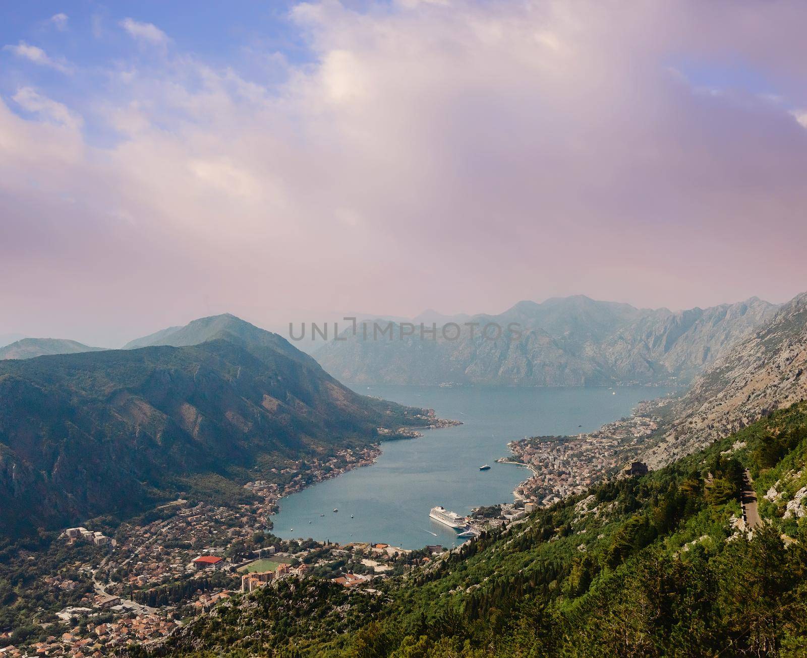 Kotor Bay - Montenegro - nature and architecture background. Kotor bay seen from above. Panoramic view on Kotor bay, Montenegro. Kotor in a beautiful summer day, Montenegro.