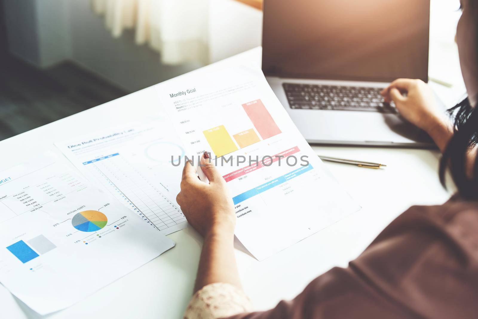 data analysis, plan, marketing, accounting, audit, Portrait of asian business woman planning marketing using statistical data sheet and computer to present marketing plan project at meeting