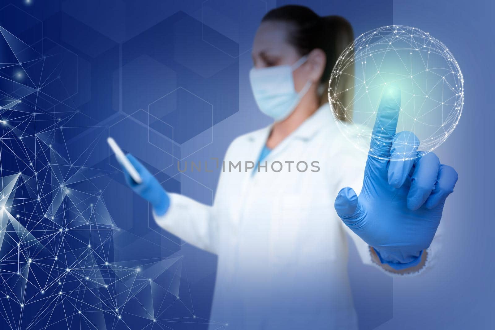 Nurse in uniform pointing upwards represents global innovative thinking.