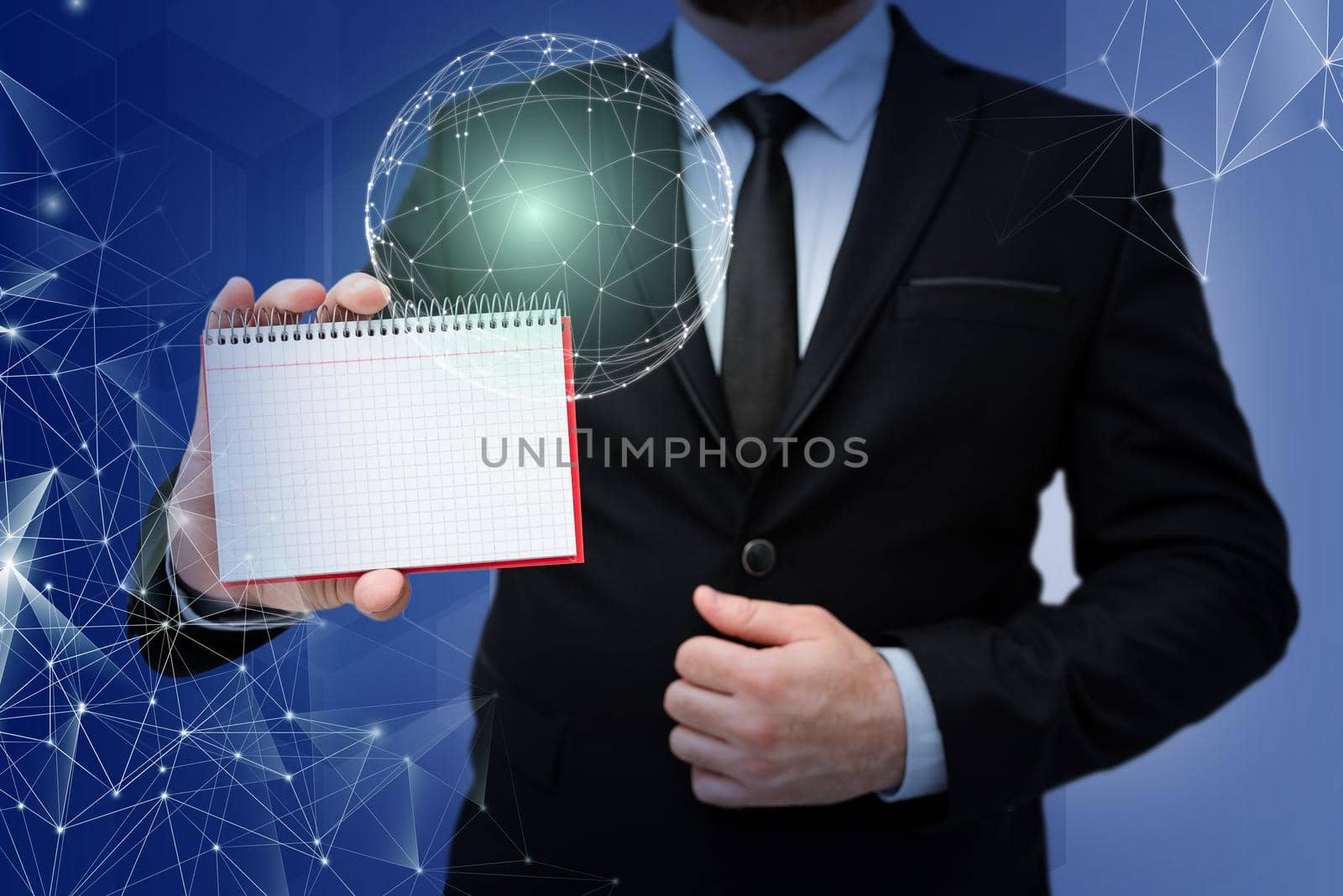 Businessman in suit holding notepad represents global innovative thinking.