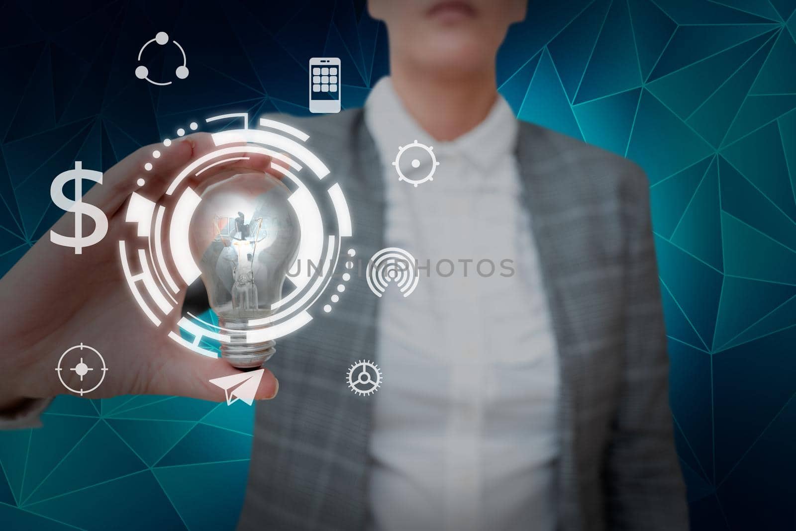 Lady in suit holding light bulb representing innovative thinking symbolizing futuristic technology. Woman presenting electrical lamp displays sucessful creative thinking. by nialowwa