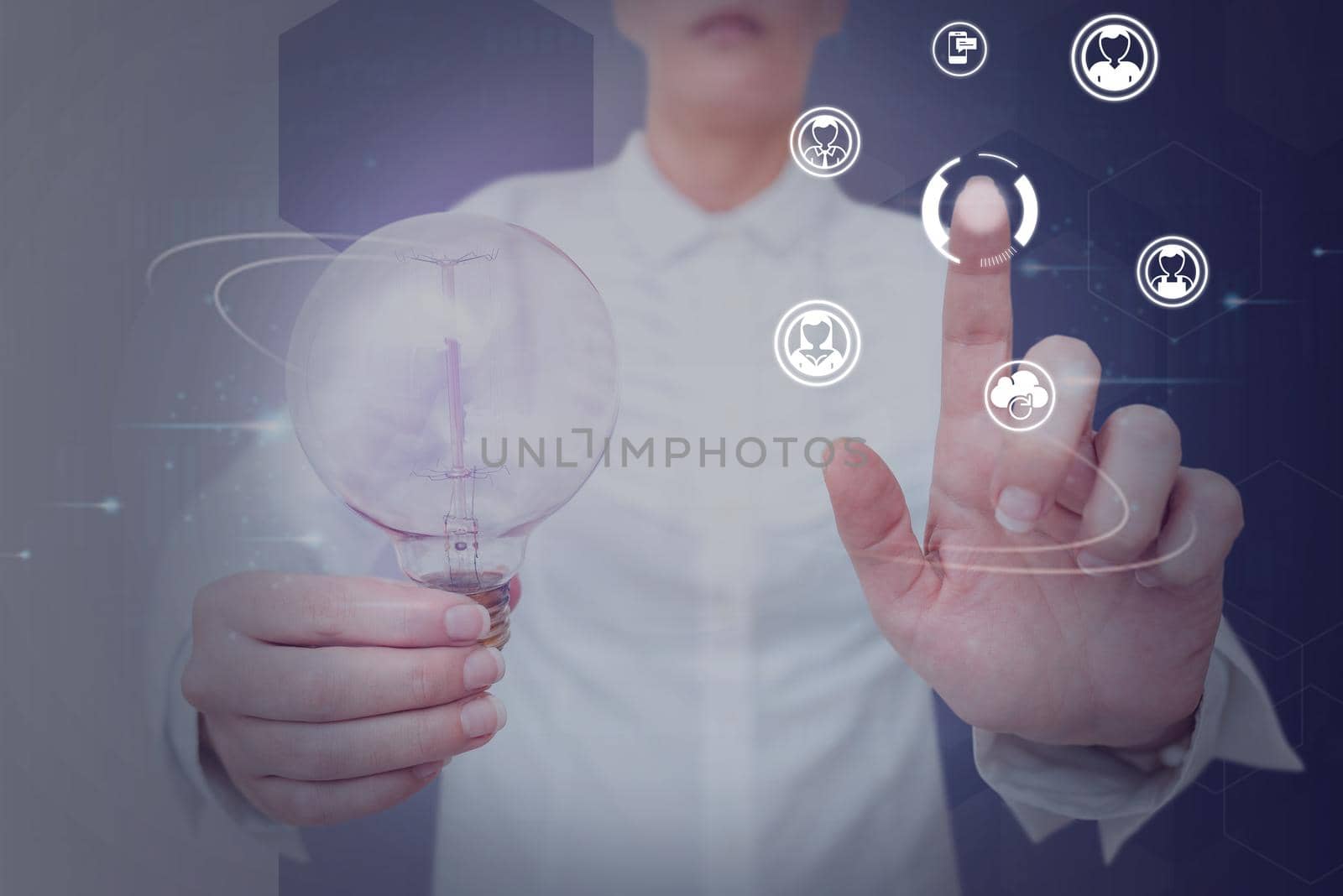 Lady holding light bulb pointing finger upwards symbolizing successful teamwork accomplishing newest project plans. Woman holds lamp representing combined effort management. by nialowwa