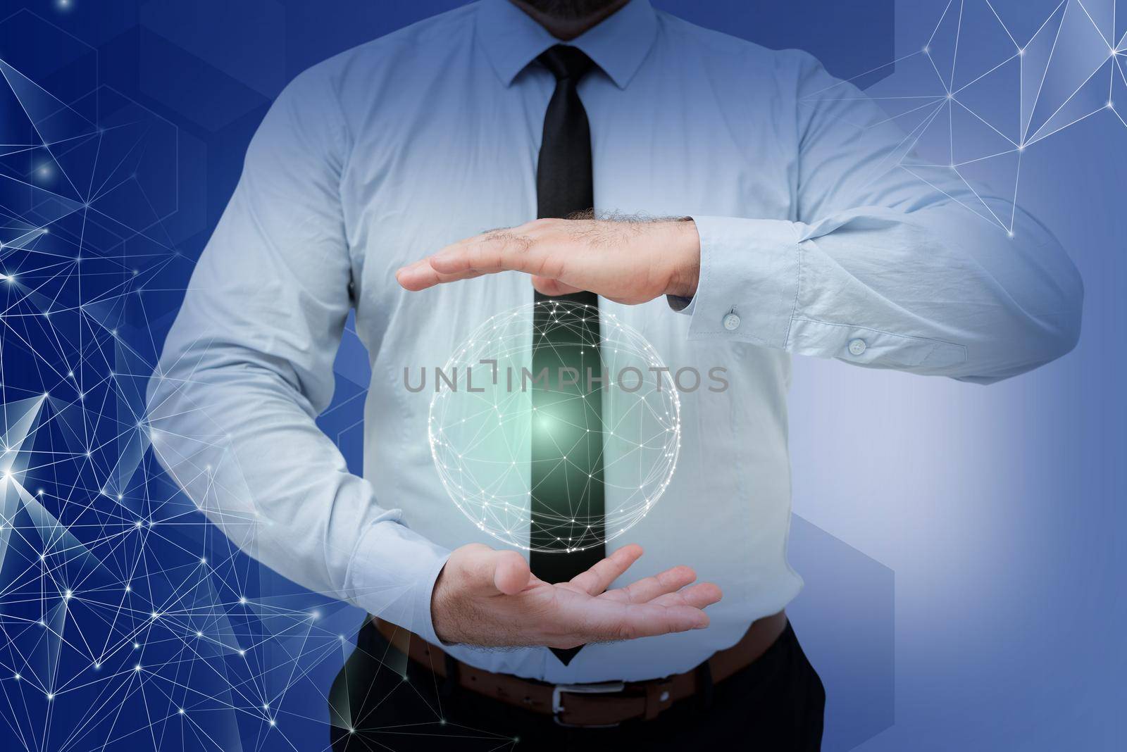 Businessman holding open palms represents global innovative thinking.