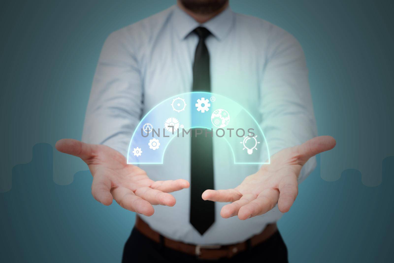 Businessman in suit holding open palms represents innovative thinking symbolizing futuristic technology. Man opening arms towards successful creative thinking. by nialowwa