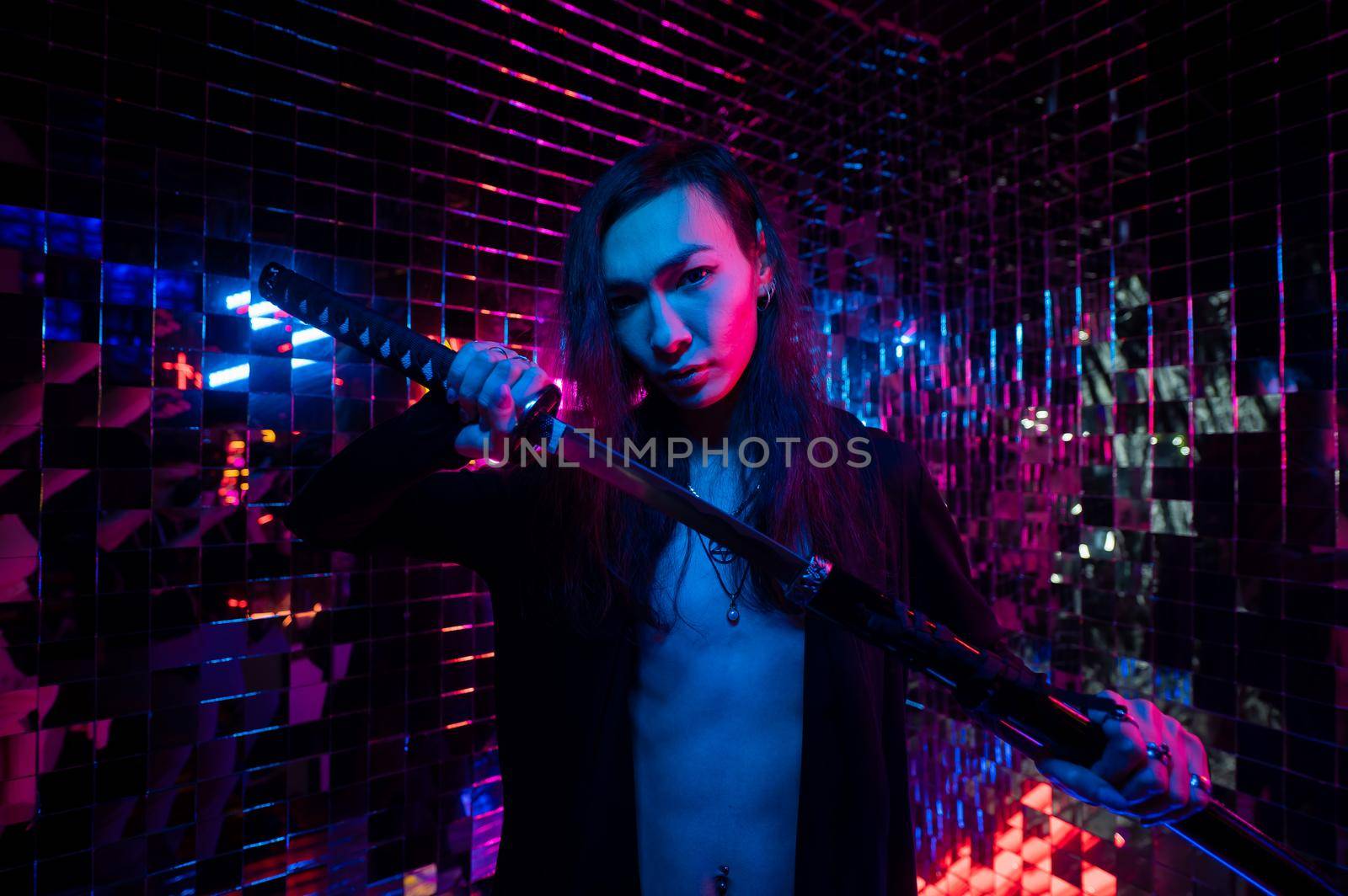 Male transgender neon light studio. Asian with samurai sword