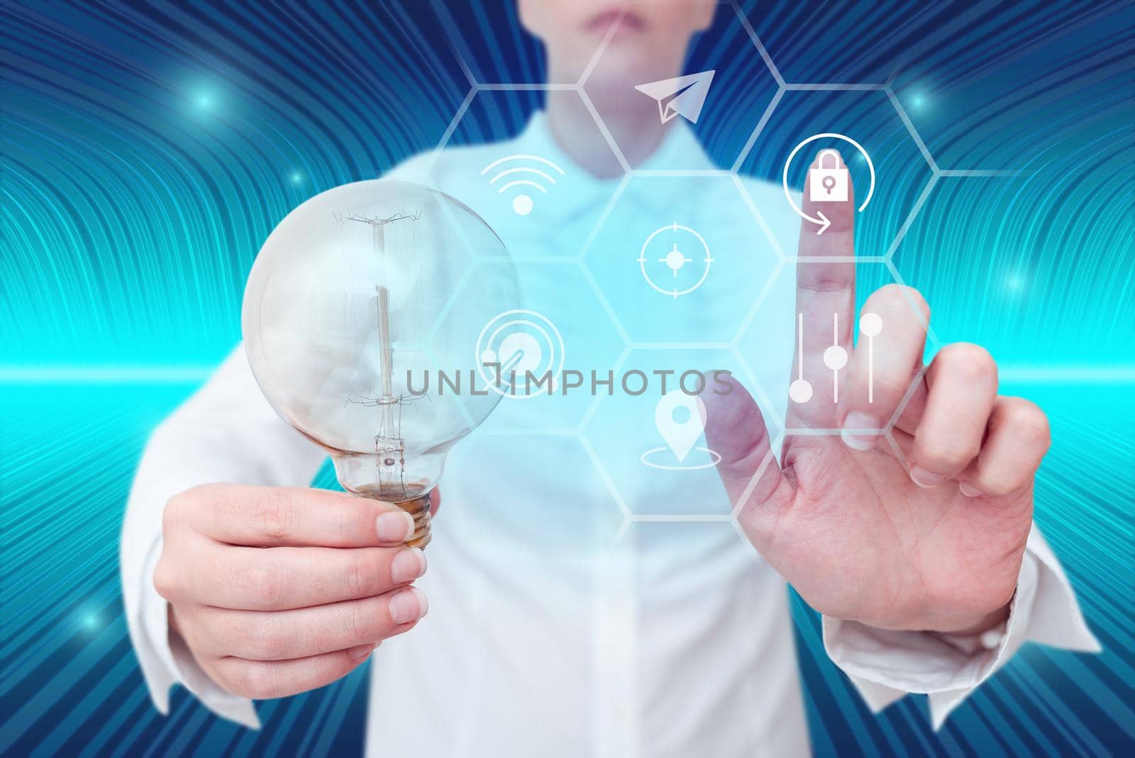 Lady holding light bulb pointing finger upwards symbolizing successful teamwork accomplishing newest project plans. Woman holds lamp representing combined effort management. by nialowwa