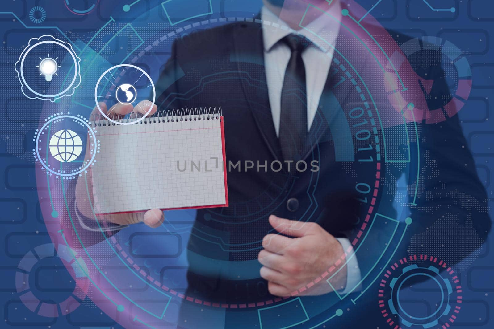 Businessman in suit holding notepad representing innovative thinking symbolizing futuristic technology. Man presenting notebook displays successful creative thinking. by nialowwa