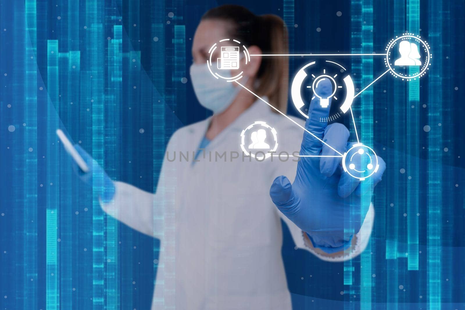 Nurse in uniform pointing upwards represents global innovative thinking accomplishing teamwork. Medical worker holding finger up symbolizing global innovative thinking. by nialowwa