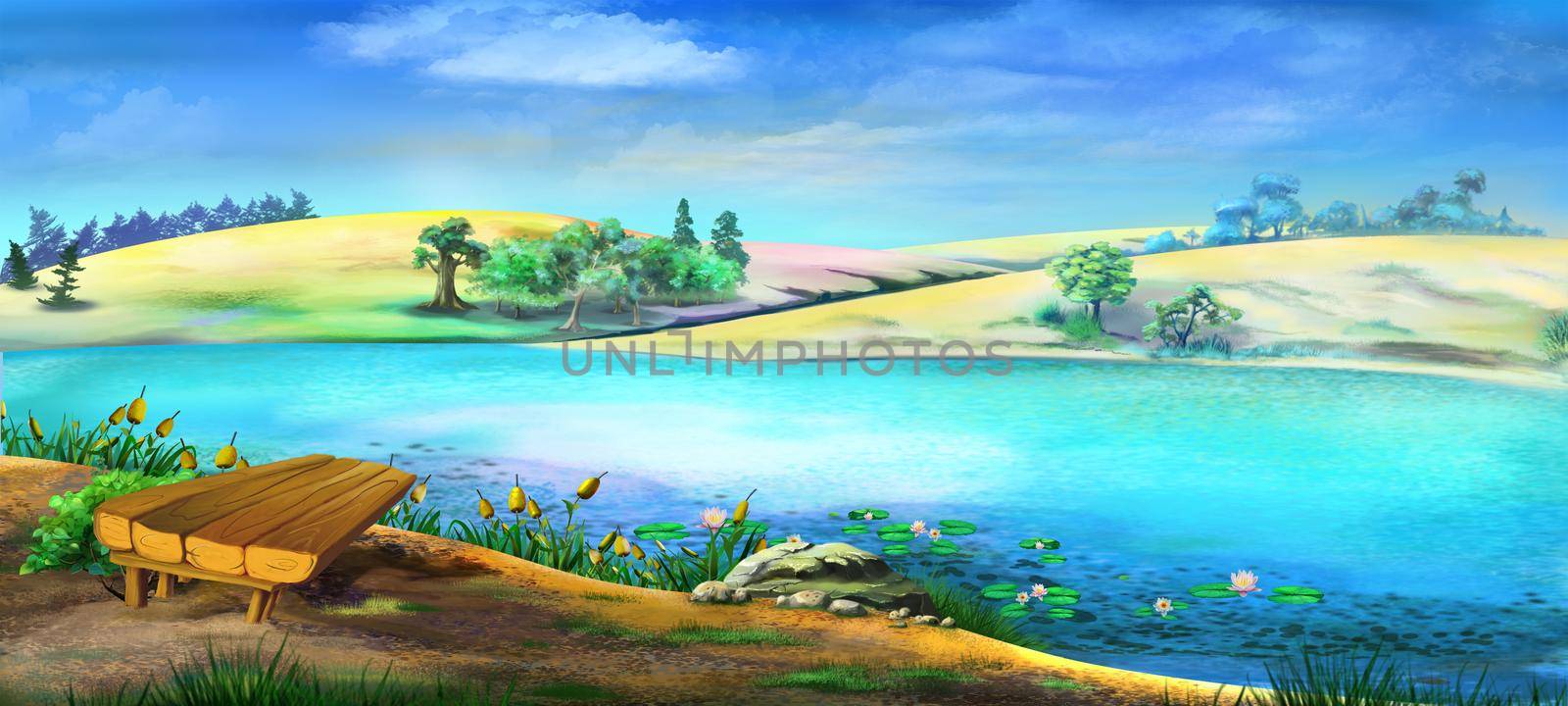 Wooden bridge near the river on a summer sunny day. Digital Painting Background, Illustration.