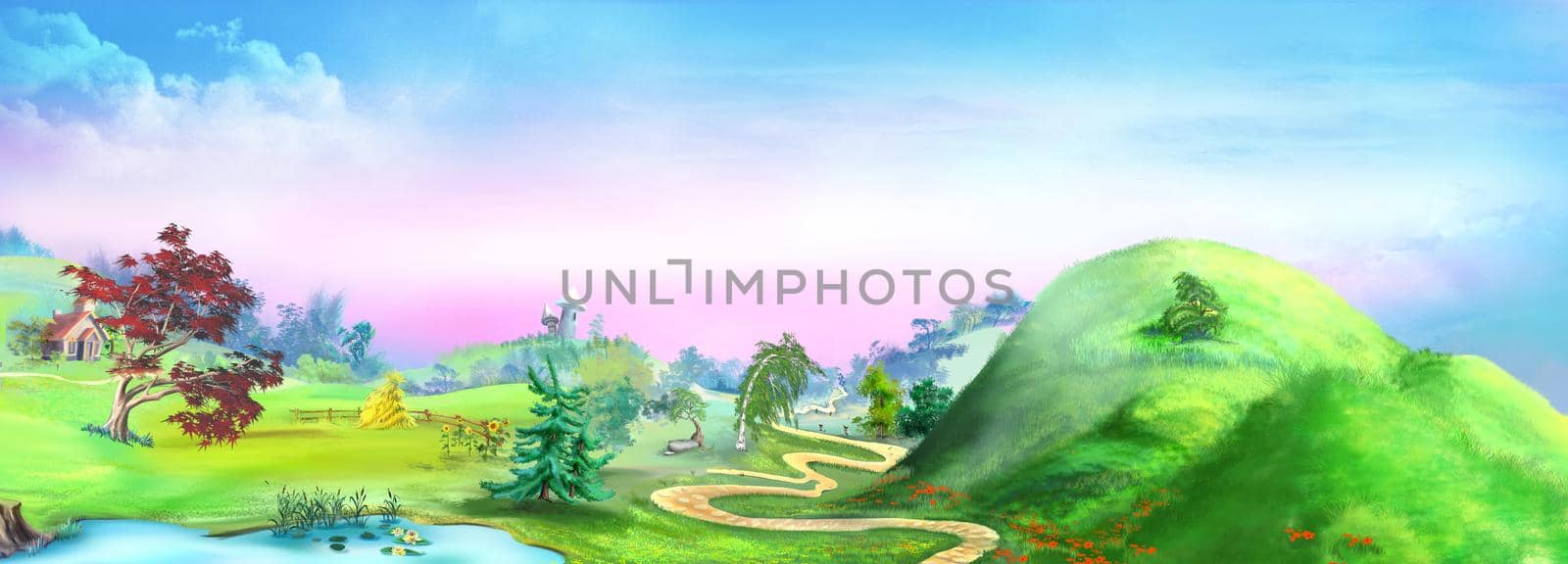 Path between hills. Rural landscape on a summer day. Digital Painting Background, Illustration.