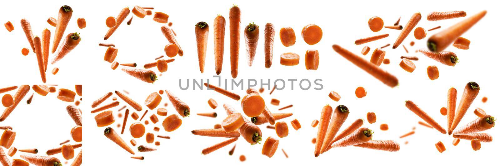 A set of photos. Ripe carrots whole and sliced levitate on a white background.