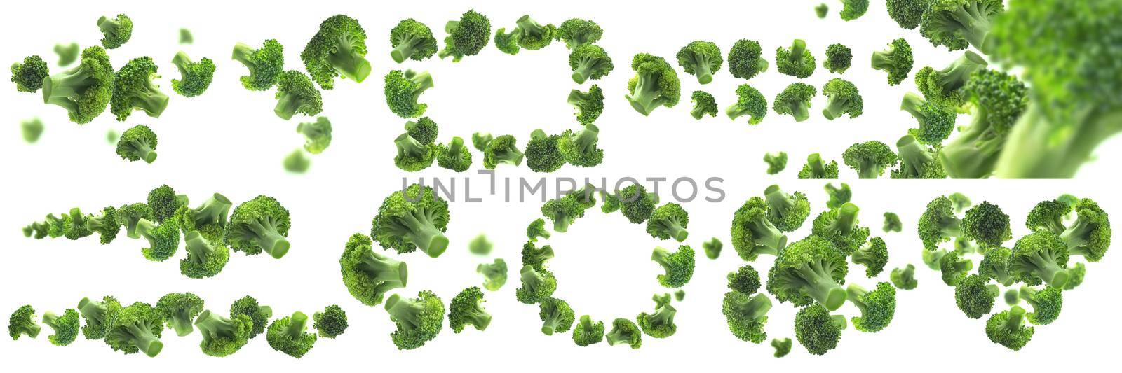 A set of photos. Green broccoli levitating on a white background.