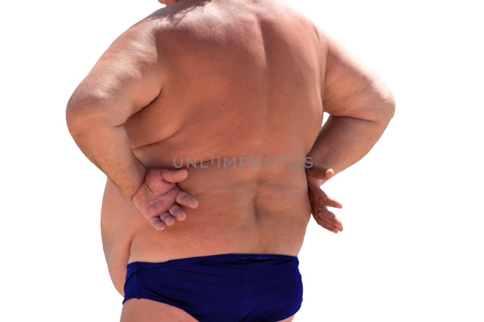 Back view of fat person. Obese man isolated. Serious danger for health. High risk of heart attack.