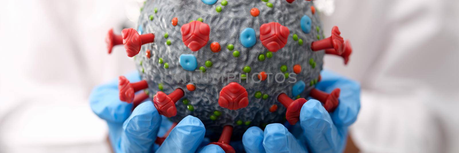Doctor holding artificial plastic model of coronavirus in his hands closeup by kuprevich