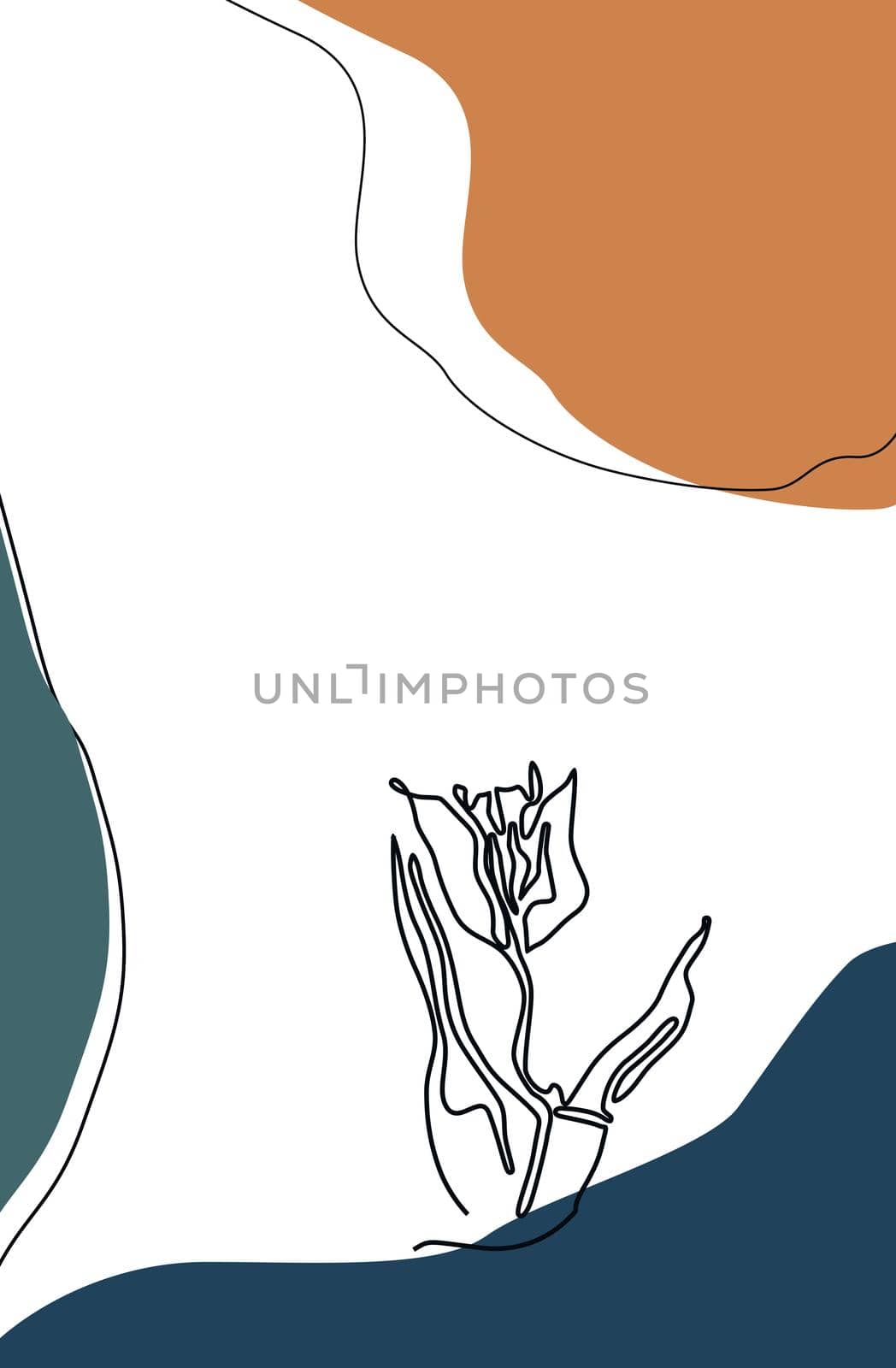 Abstract illustration with single unbroken line drawing of tulip flower on white, blue and brown background. Art pattern, simple doodle example