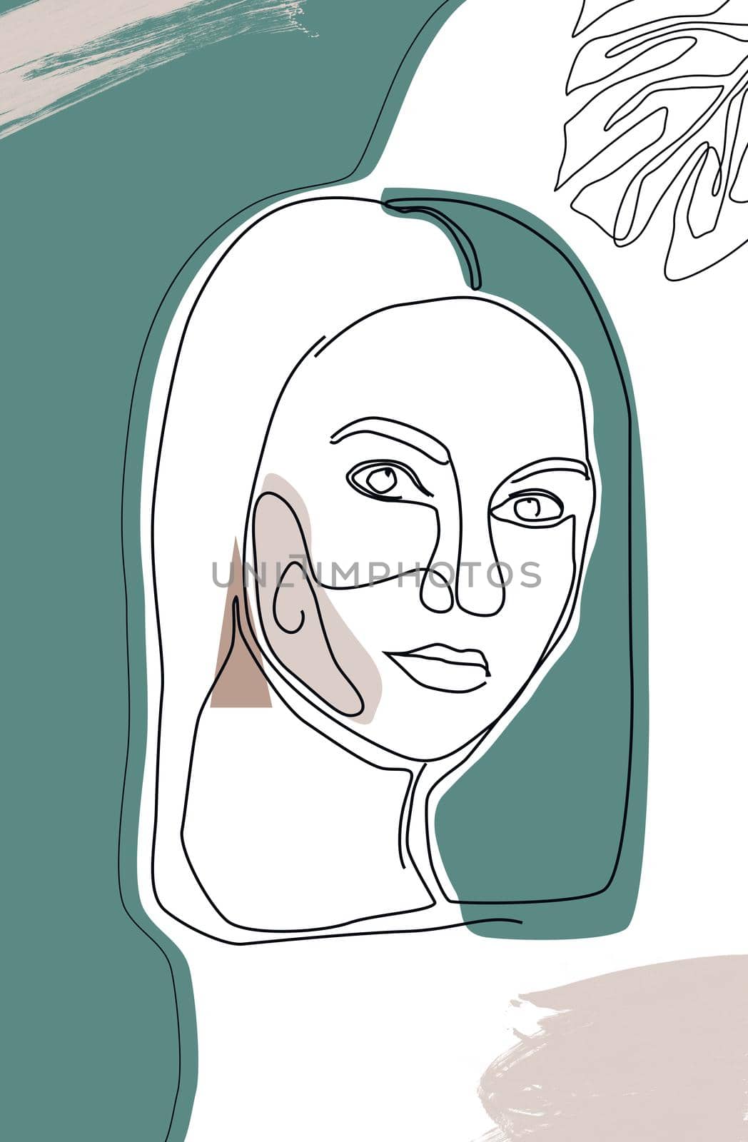 Abstract freehand portrait of female face in continuous line in style of doodle drawing with tropical plant leaf on pastel background. Minimalist illustration