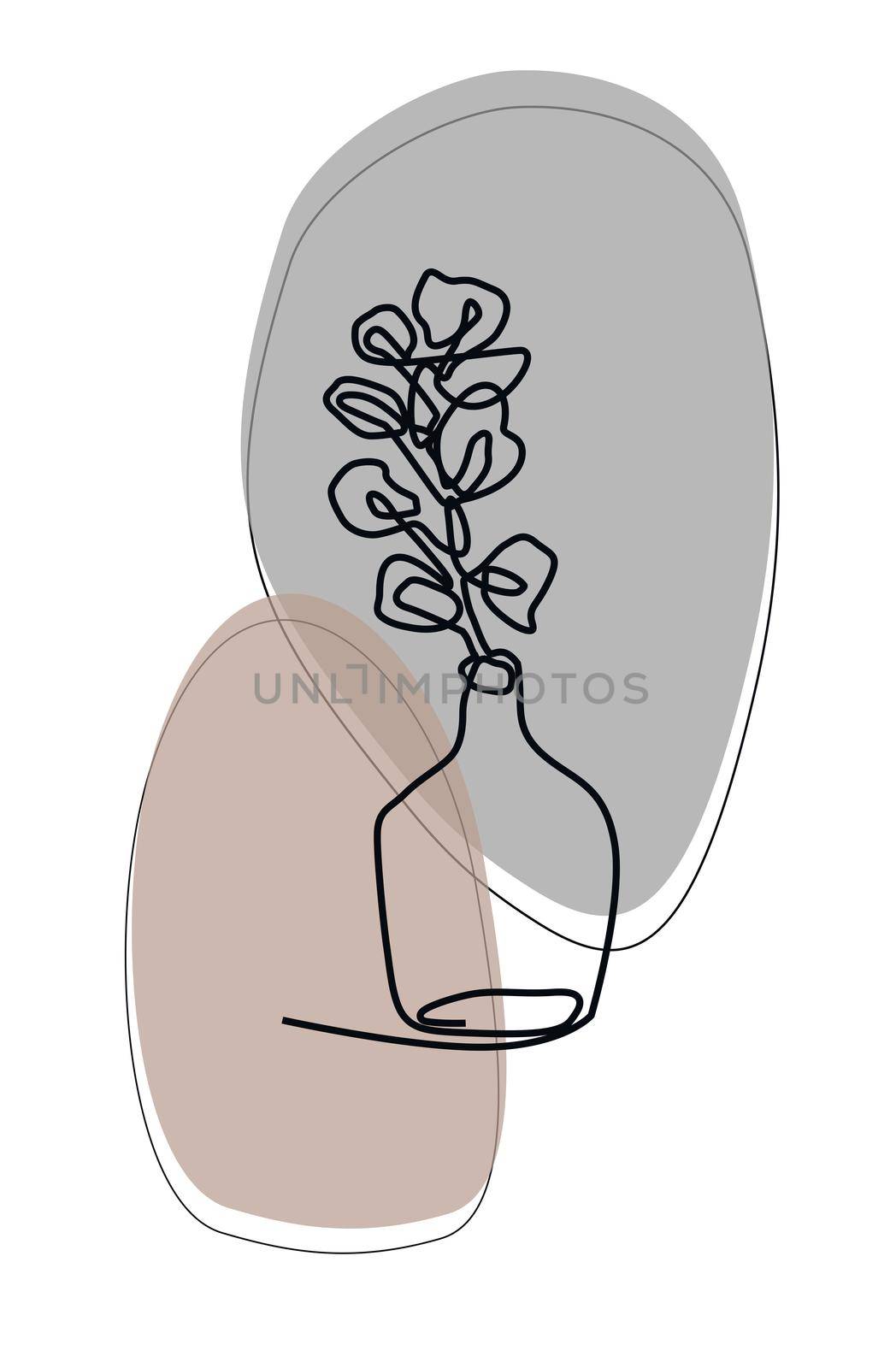 One line hand drawn sketch of branch of blossoming orchid in vintage vase on white background with gray and beige spots. Abstract illustration for design use