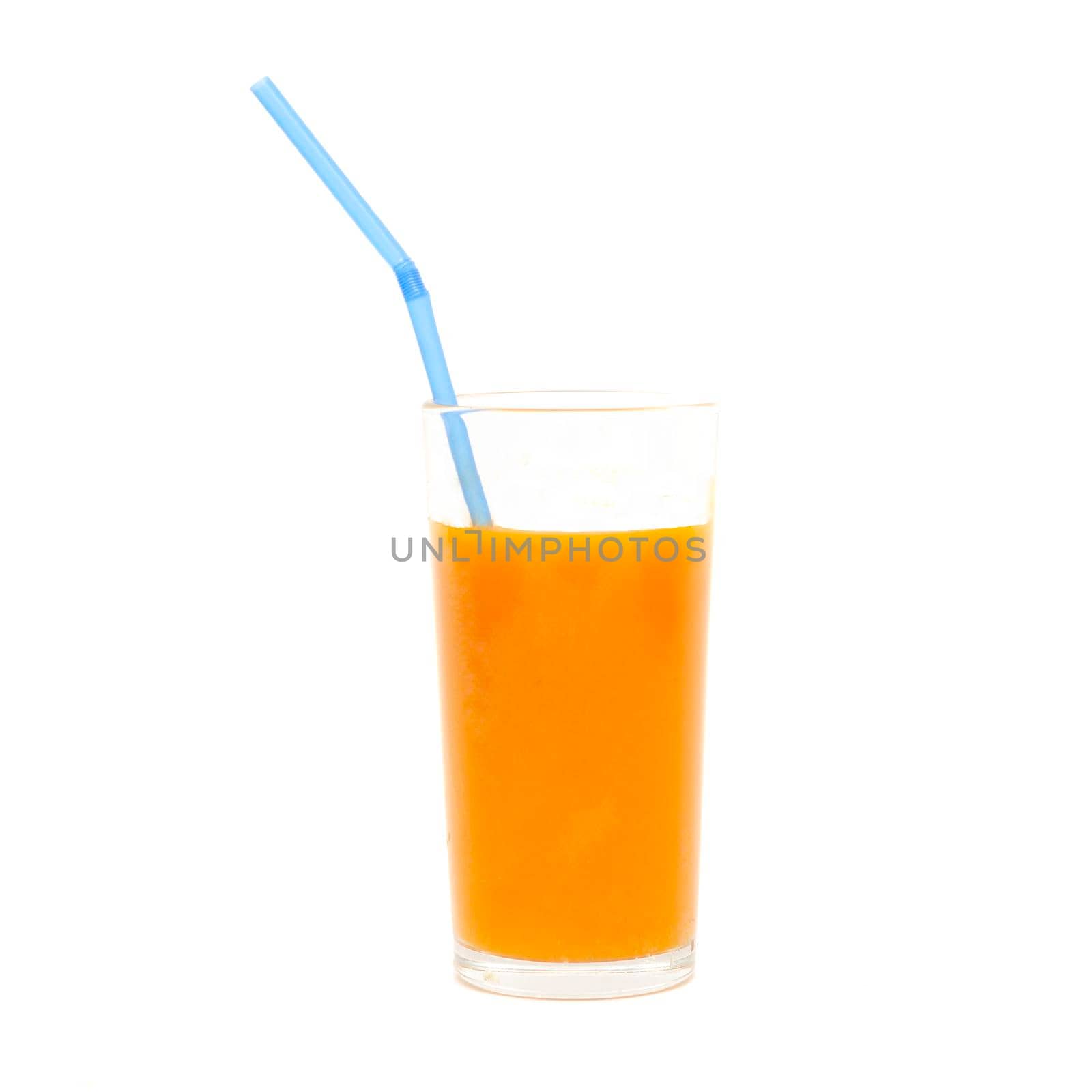 a glass of pumpkin juice with blue straw isolated on white background.