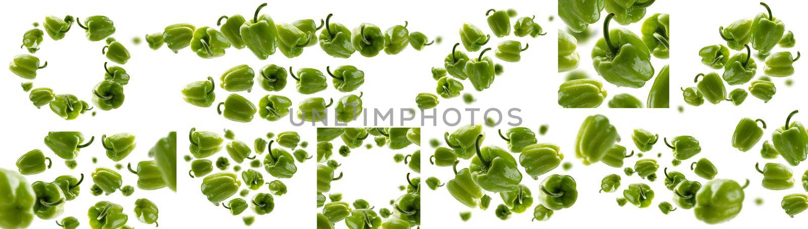 A set of photos. Green paprika levitates on a white background.