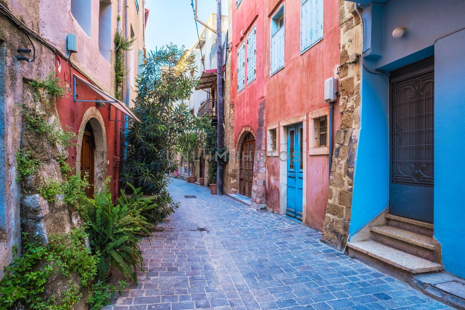 Scenic picturesque streets of Chania venetian town with coloful old houses. Chania greek village in the morning. Chanica, Crete island, Greece