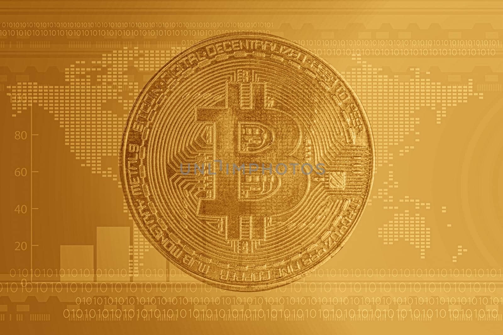 Bitcoin on digital and world map background. Finance Electronic Technology Account, Statistics, Investment Analytic research data economy, Stock exchange trading, office Business company concept. by pamai