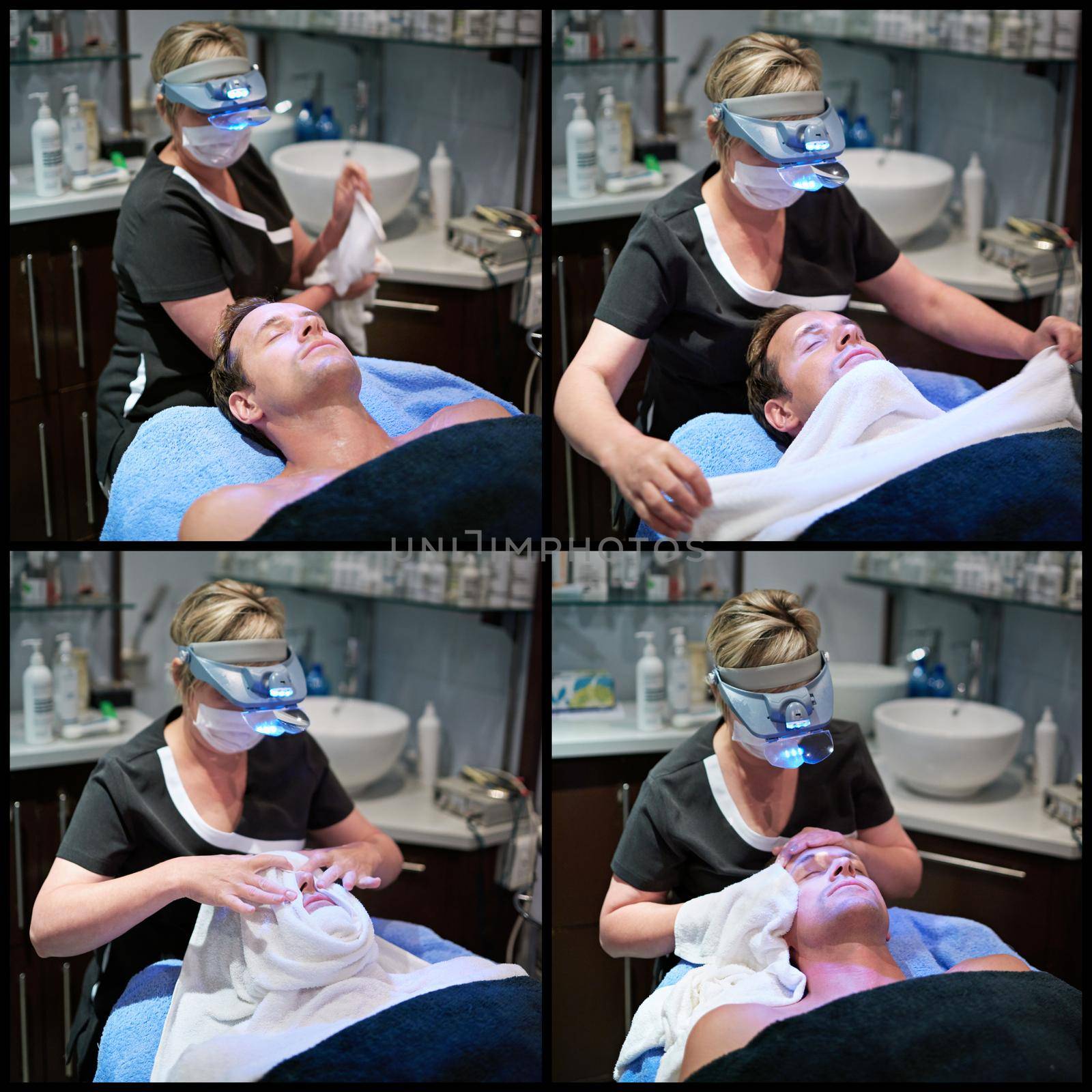 Four steps to improved skin. Composite shot of a man getting a facial treatment at a beauty clinic. by YuriArcurs