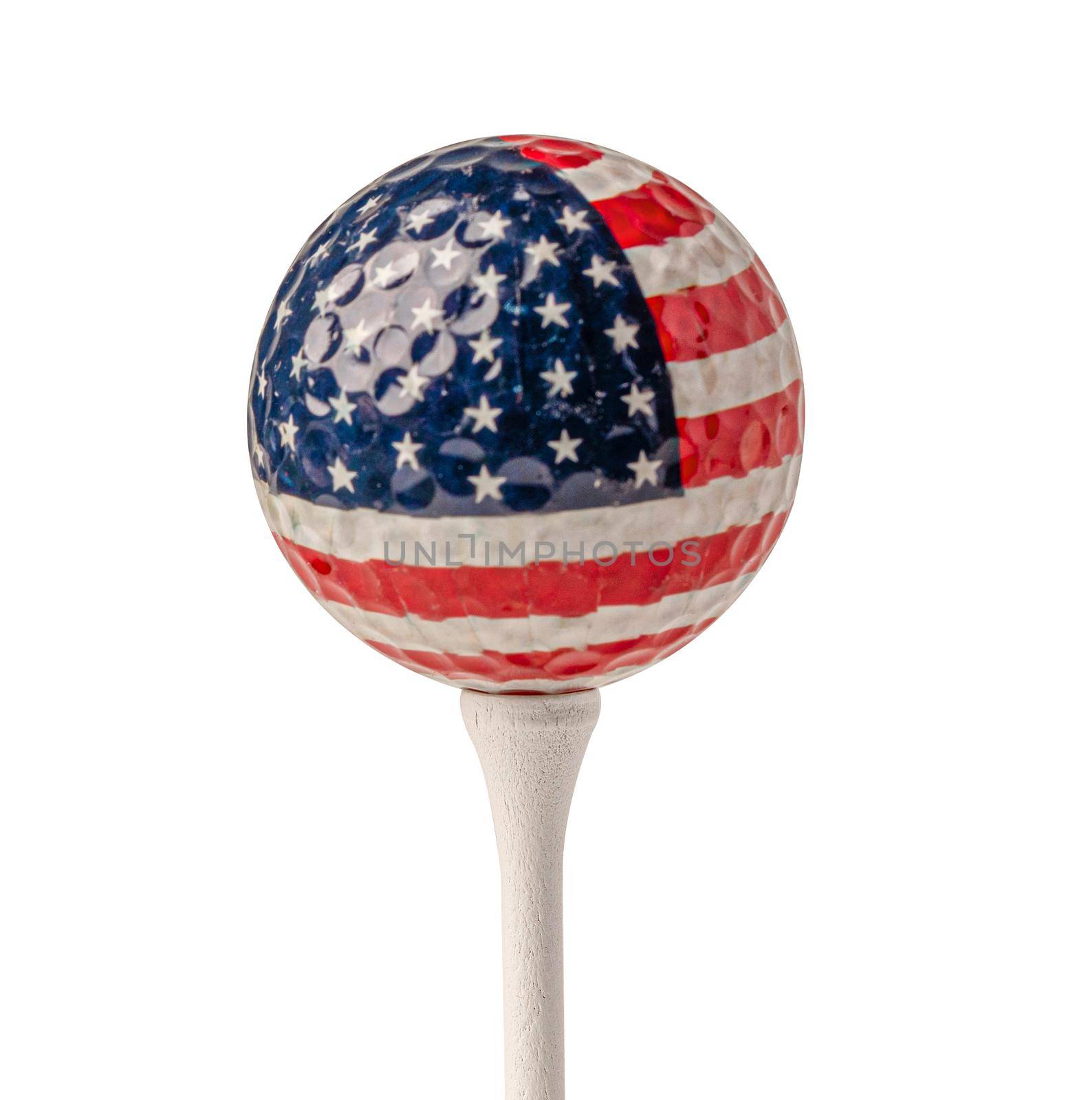 Golf ball with USA flag on white tee with clipping path, most popular sport in the world. by pamai