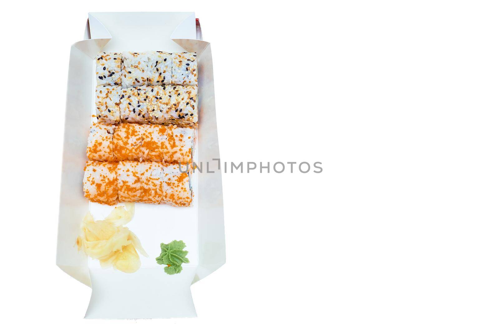 Fast delivery sushi. Rolls, ginger and spicy green sauce in the package isolated by jovani68