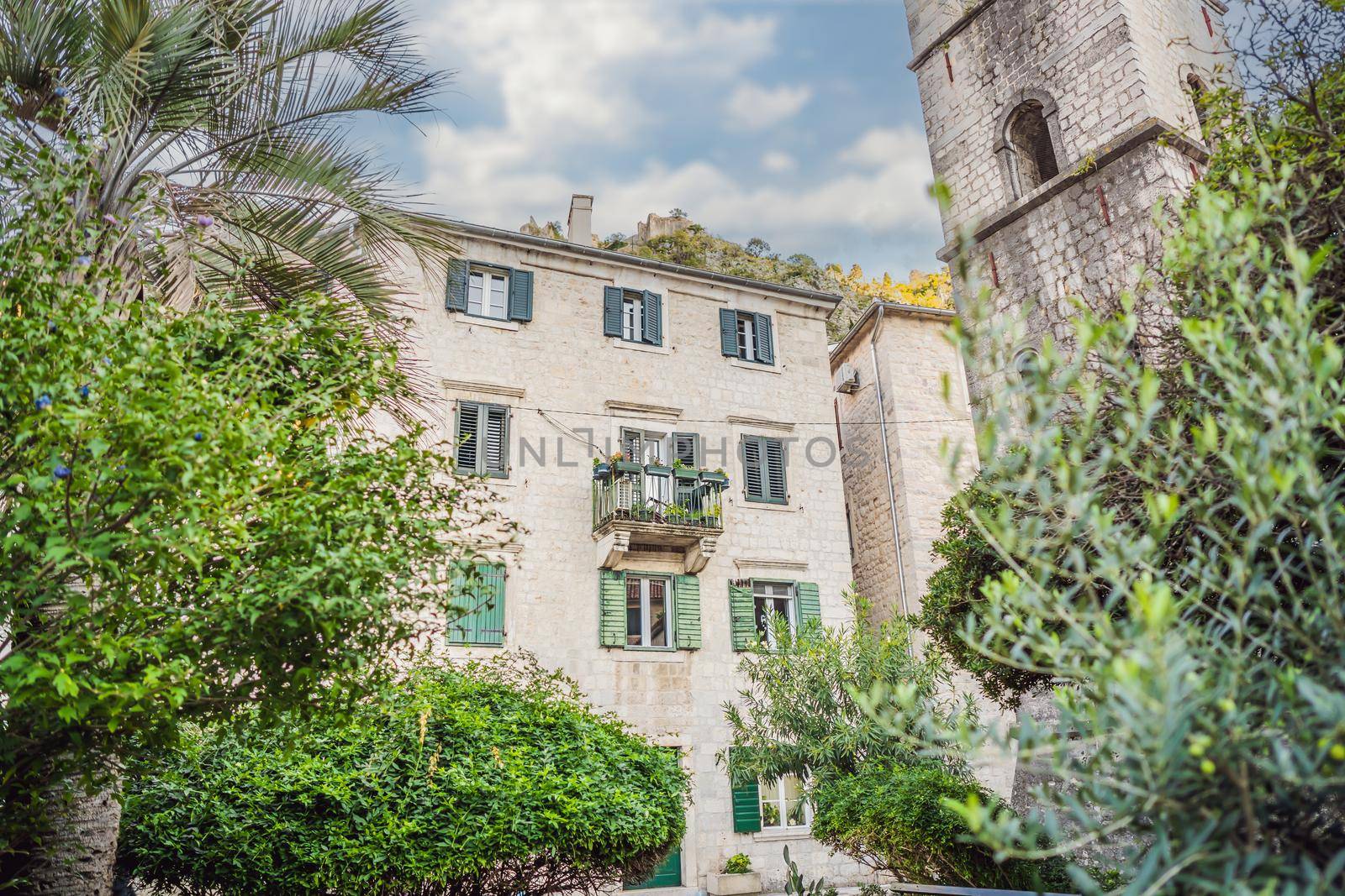 Colorful street in Old town of Kotor on a sunny day, Montenegro by galitskaya