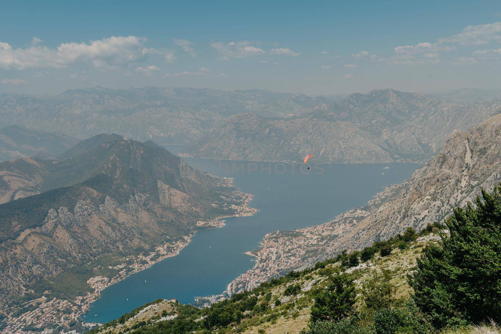 Beautiful nature mountains landscape. Kotor bay, Montenegro. Views of the Boka Bay, with the cities of Kotor and Tivat with the top of the mountain, Montenegro.