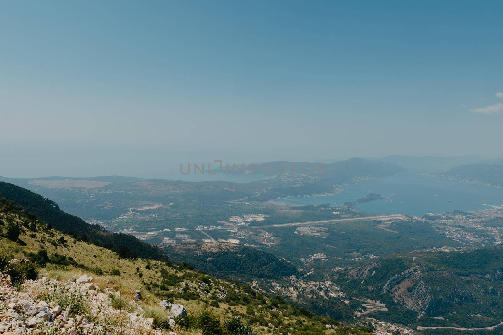 Beautiful nature mountains landscape. Kotor bay, Montenegro. Views of the Boka Bay, with the cities of Kotor and Tivat with the top of the mountain, Montenegro.