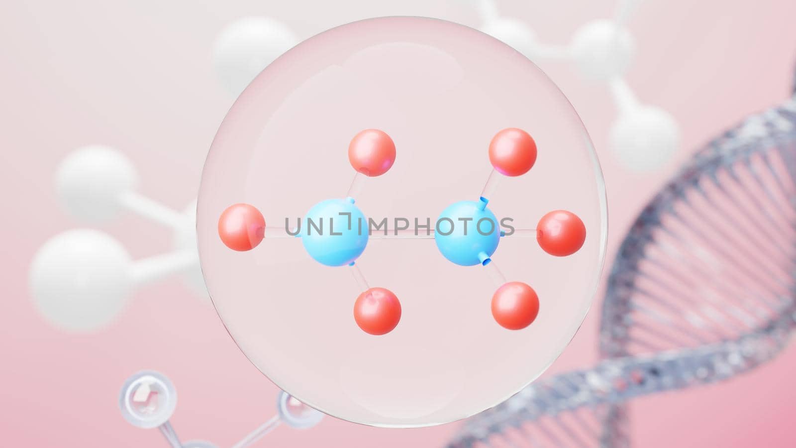 3d render of simple chemical bond in side cell or molecules. The associated of atoms, ions, bond and molecules. Liquid drop bubble background. Covalent bond. Biochemical interaction.