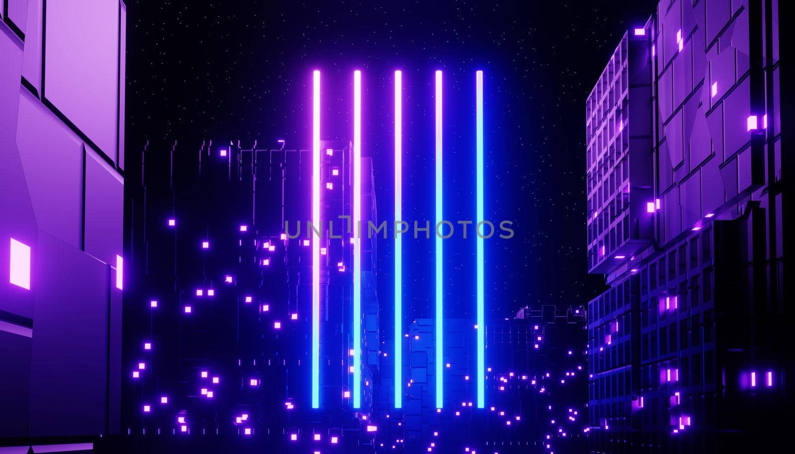 3d render of neon and light glowing on dark scene. Cyber punk night city concept. Night life. Technology network for 5g. Beyond generation and futuristic scene. Sci- fi pattern theme.