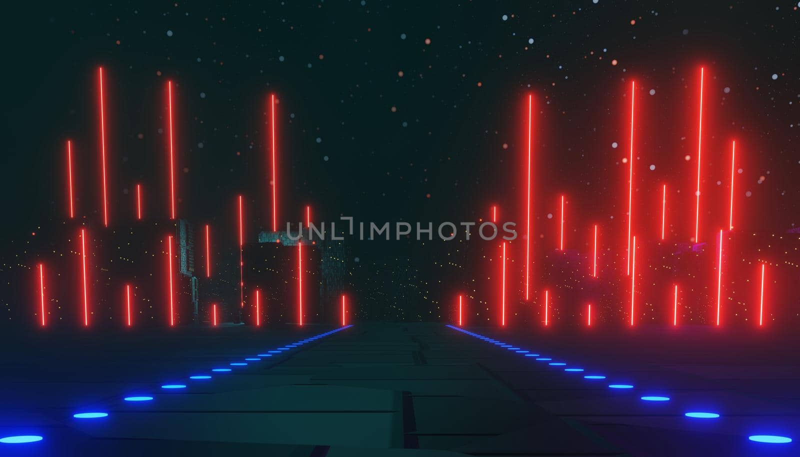 3d render of neon and light glowing on dark scene. Cyber punk night city concept. Night life. Technology network for 5g. Beyond generation and futuristic scene. Sci- fi pattern theme.