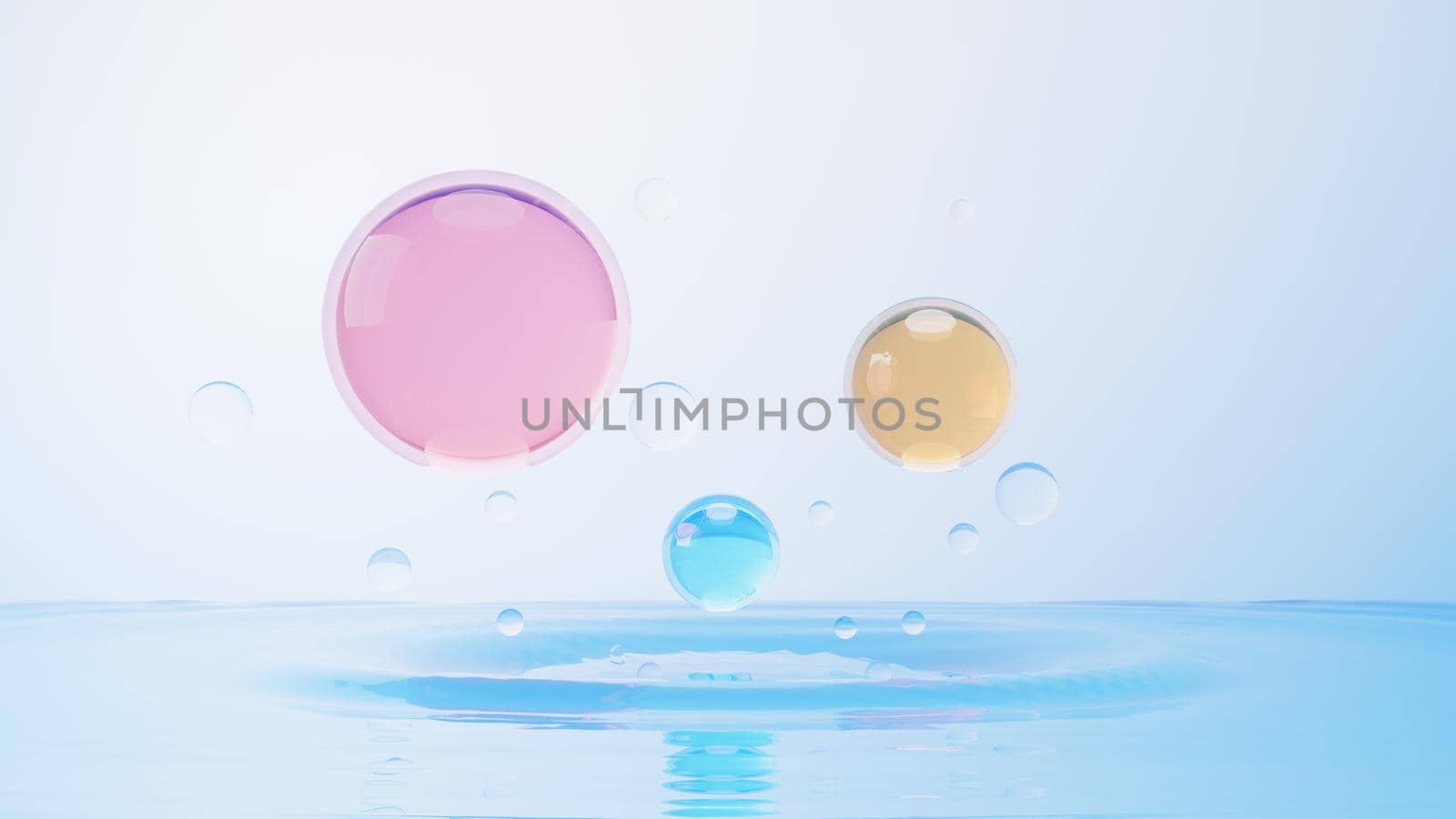 3d render of simple chemical bond in side cell or molecules. The associated of atoms, ions, bond and molecules. Liquid drop bubble background. Covalent bond. Biochemical interaction.