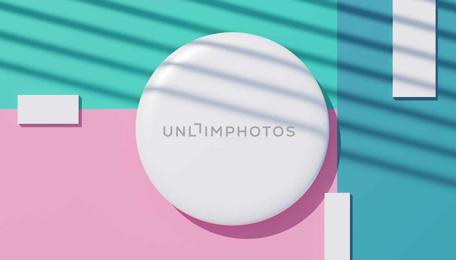 3d render top view of white blank cylinder frame for mock up and display products with shadows of palm leaves, earth tone, and pastel wall background. Creative idea concept. Widow shadow.