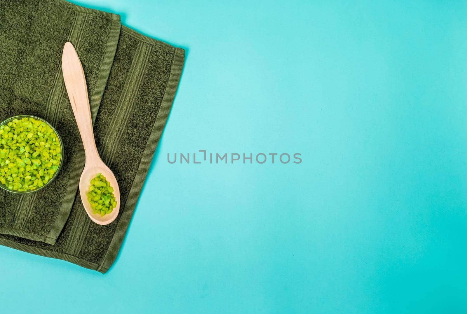 Spa set: oil, sea salt and towel. Top view. Still life. Copy space