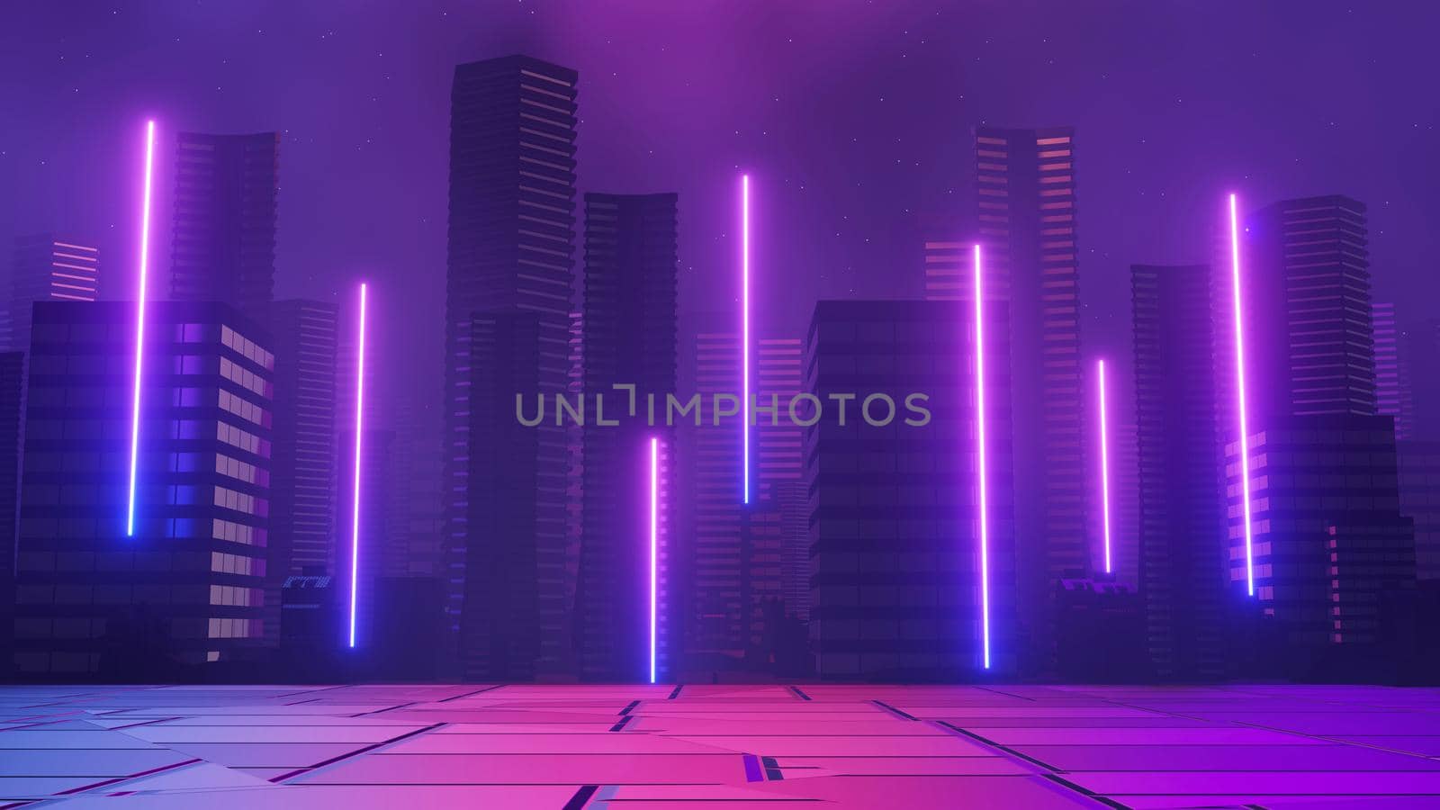 3d render of Cyber punk night city landscape concept. Light glowing on dark scene.  Night life. Technology network for 5g. Beyond generation and futuristic of Sci-Fi Capital city and building scene.