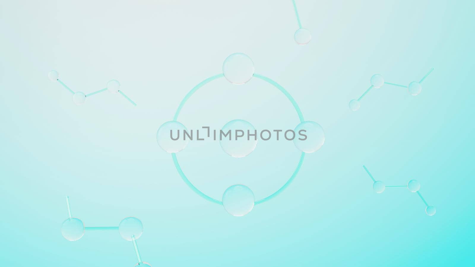 3d render of simple chemical bond in side cell or molecules. The associated of atoms, ions, bond and molecules. Liquid drop bubble background. Covalent bond. Biochemical interaction.  by tanatpon13p