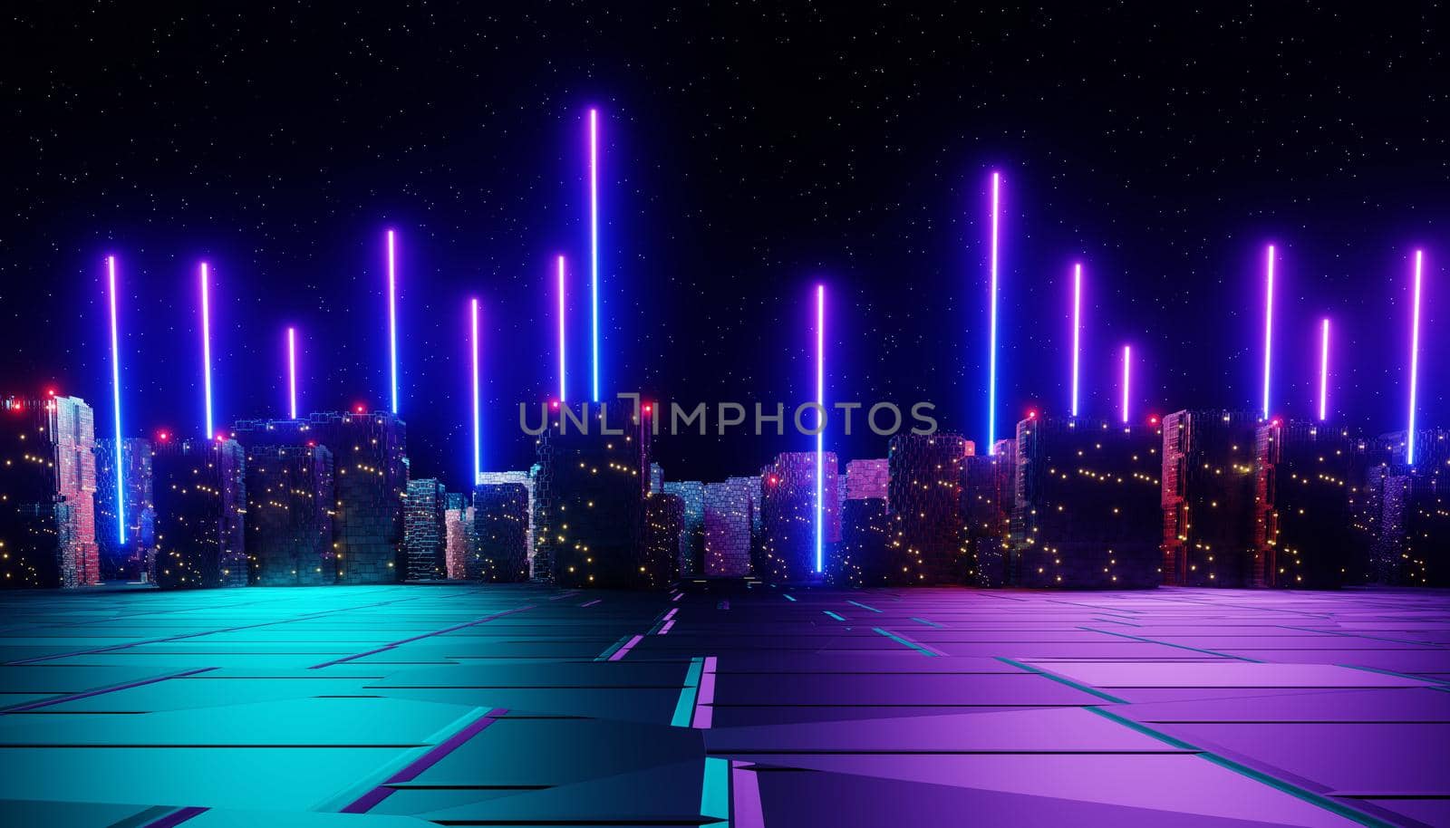 3d render of neon and light glowing on dark scene. Cyber punk night city concept. Night life. Technology network for 5g. Beyond generation and futuristic scene. Sci- fi pattern theme. by tanatpon13p