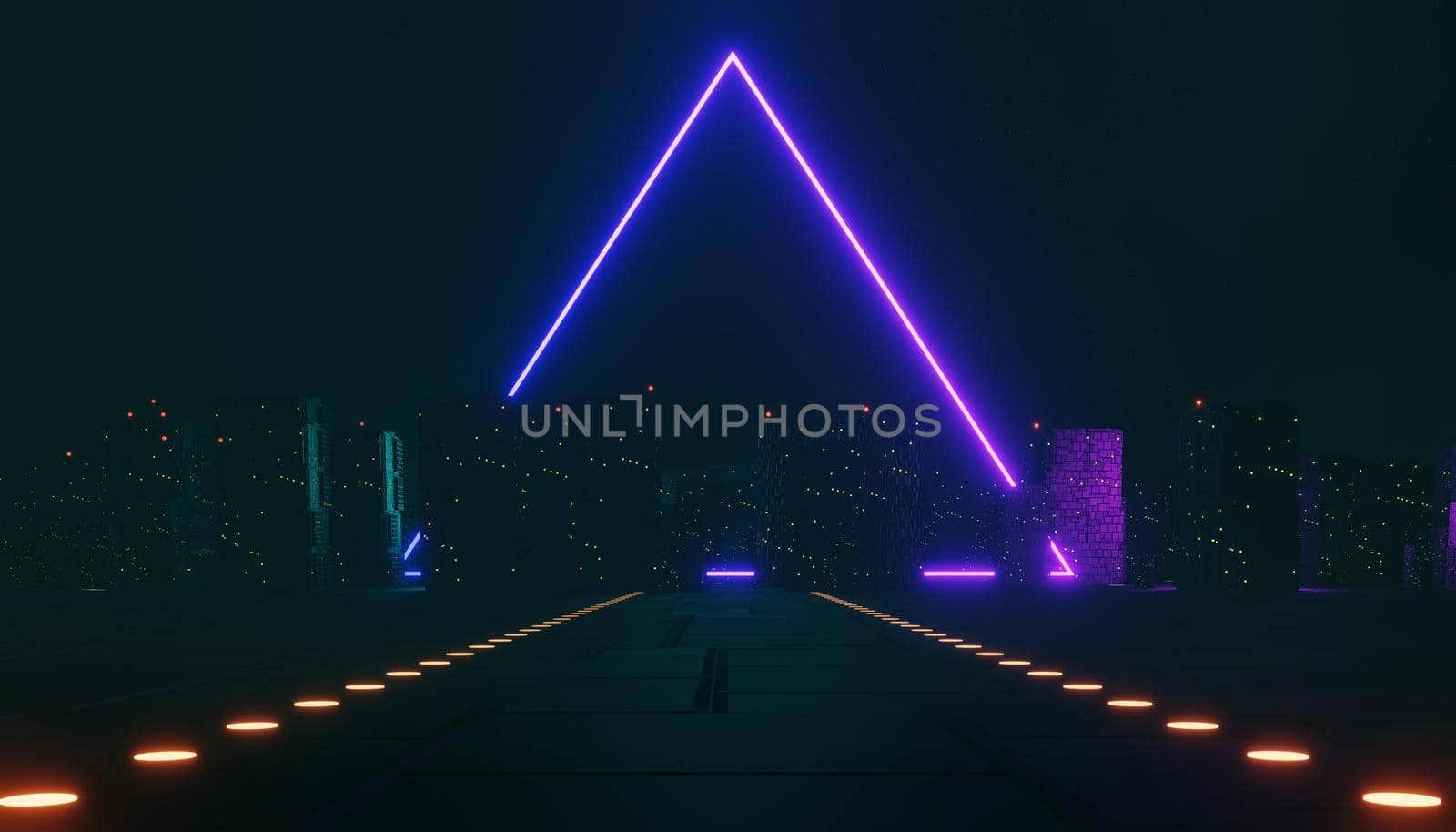 3d render of neon and light glowing on dark scene. Cyber punk night city concept. Night life. Technology network for 5g. Beyond generation and futuristic scene. Sci- fi pattern theme. by tanatpon13p