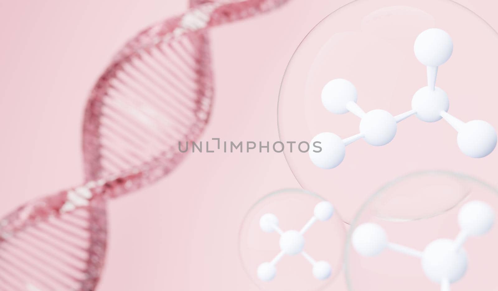 3d render of simple chemical bond in side cell or molecules. The associated of atoms, ions, bond and molecules. Liquid drop bubble background. Covalent bond. Biochemical interaction.