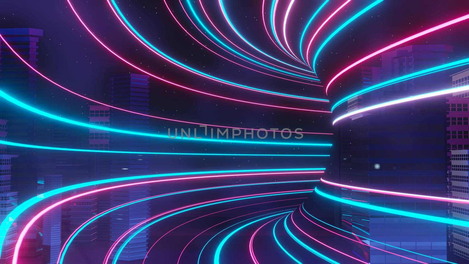 3d render of Cyber punk night city landscape concept. Light glowing on dark scene.  Night life. Technology network for 5g. Beyond generation and futuristic of Sci-Fi Capital city and building scene.  by tanatpon13p