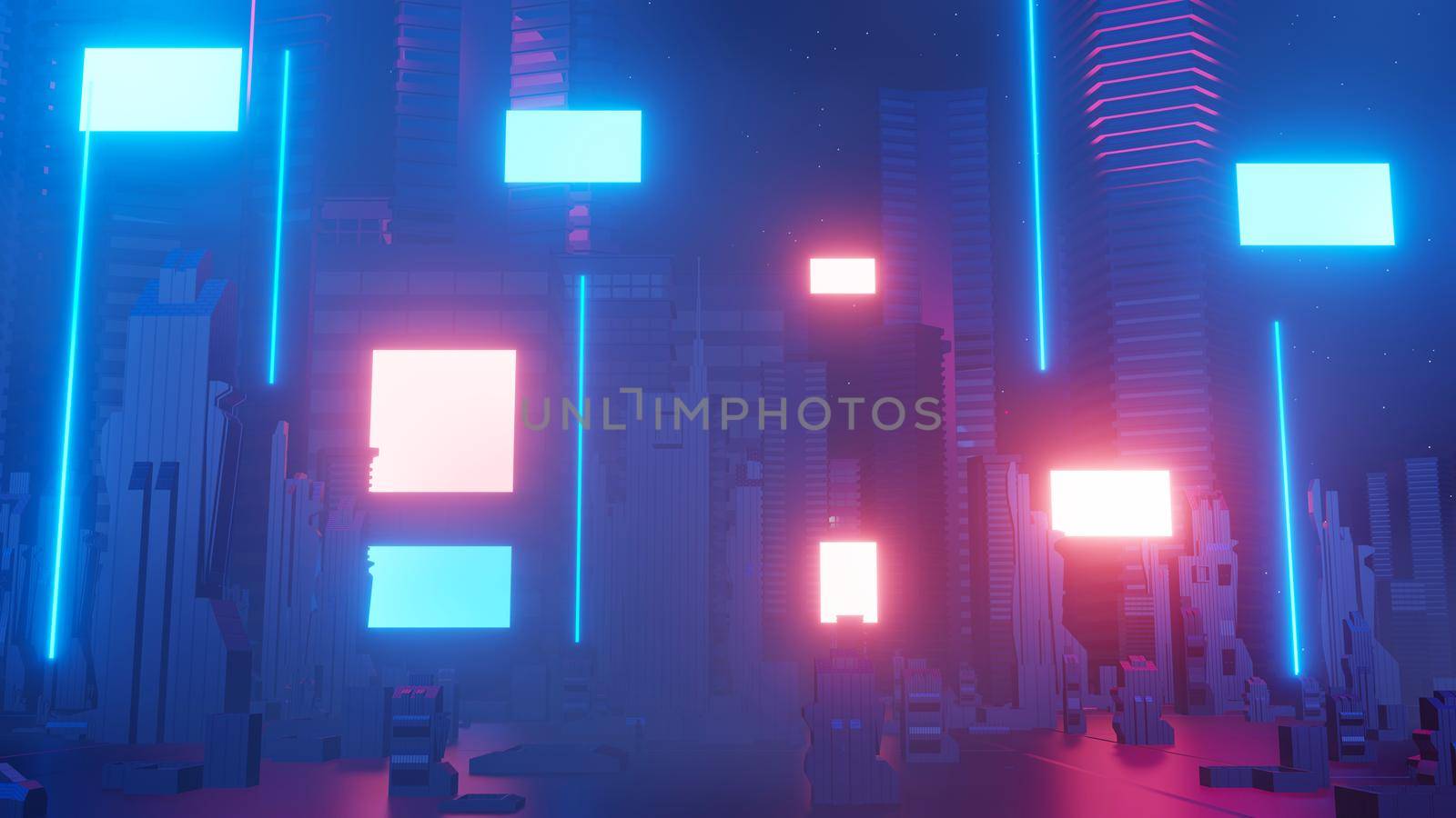 3d render of Cyber punk night city landscape concept. Light glowing on dark scene.  Night life. Technology network for 5g. Beyond generation and futuristic of Sci-Fi Capital city and building scene.  by tanatpon13p