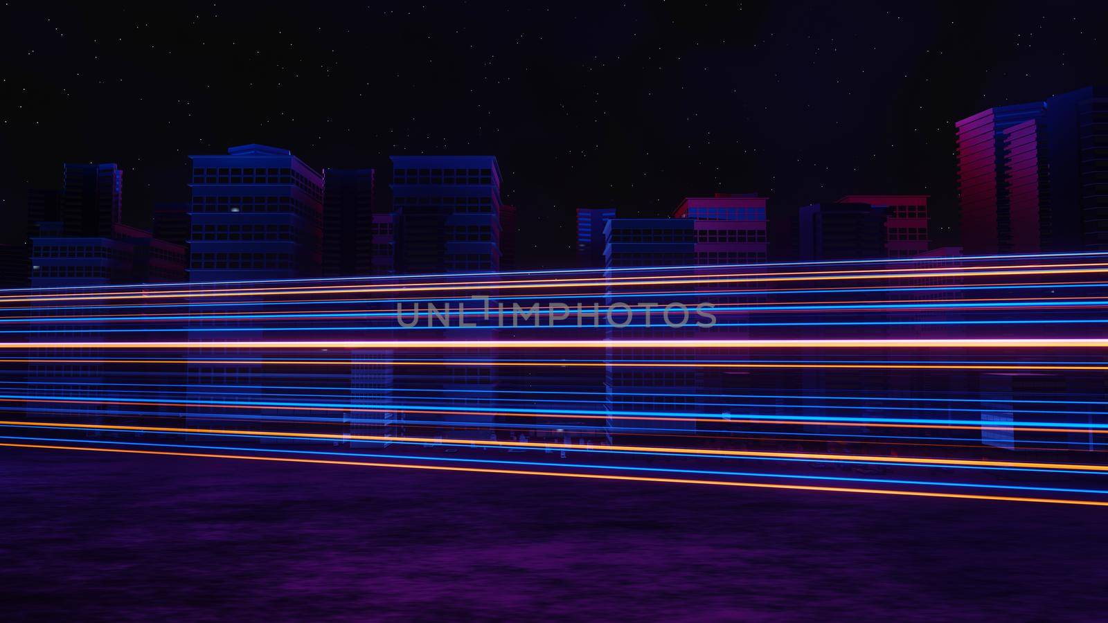 3d render of Cyber punk night city landscape concept. Light glowing on dark scene.  Night life. Technology network for 5g. Beyond generation and futuristic of Sci-Fi Capital city and building scene.  by tanatpon13p